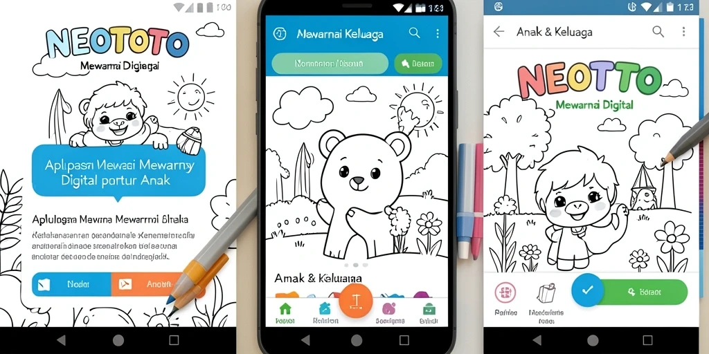 Antarmuka aplikasi NEOTOTO yang ceria dan interaktif untuk mewarnai.